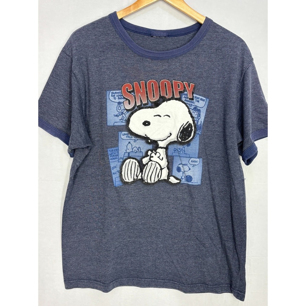 Snoopy Comic Strip Ringer T-Shirt Mens Blue Short Sleeve Crew Neck XL
